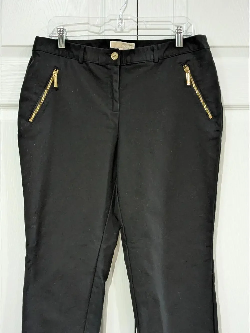 Michael Kors Women's Chino Pants Gold Zipper Pockets Black Size 12, Cotton Blend